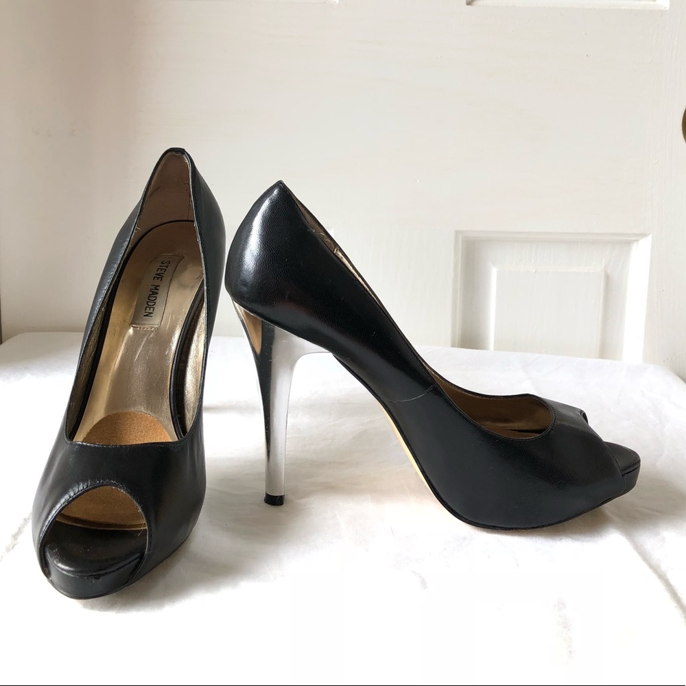 Steve Madden Black Leather Open Toe Steel Heels